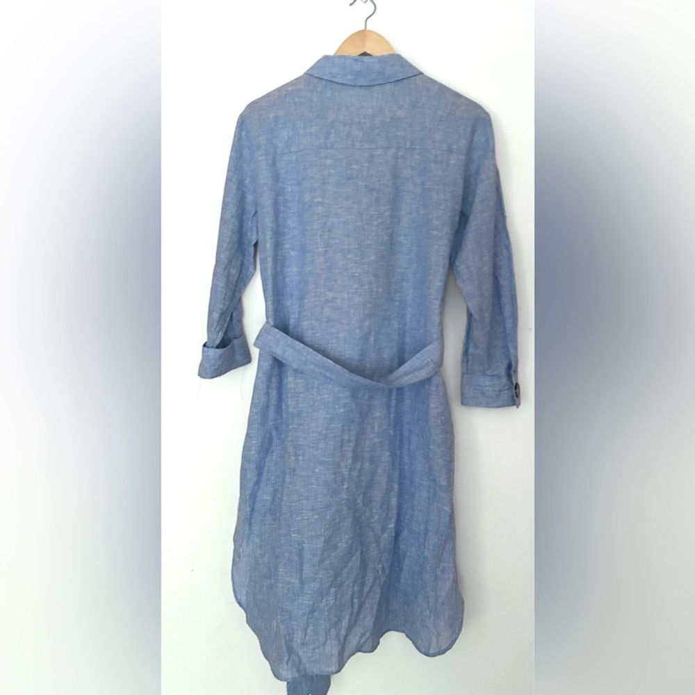 Zara linen cotton blend Shirt Dress Blue Button-Up belter striped small - Picture 3 of 9